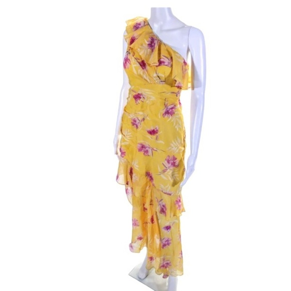 AMUR Vi Dress Size 0 Yellow Silk Floral Print Ruffle - Picture 2 of 10